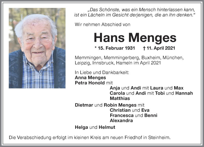  Traueranzeige für Hans Menges vom 16.04.2021 aus Memminger Zeitung