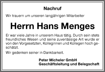 Traueranzeige von Hans Menges von Memminger Zeitung