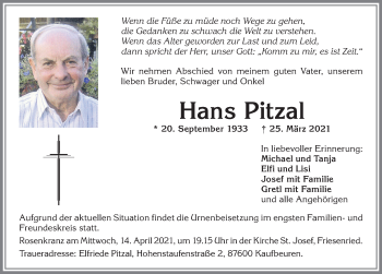 Traueranzeige von Hans Pitzal von Allgäuer Zeitung