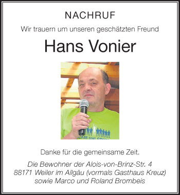 Traueranzeige von Hans Vonier von Der Westallgäuer