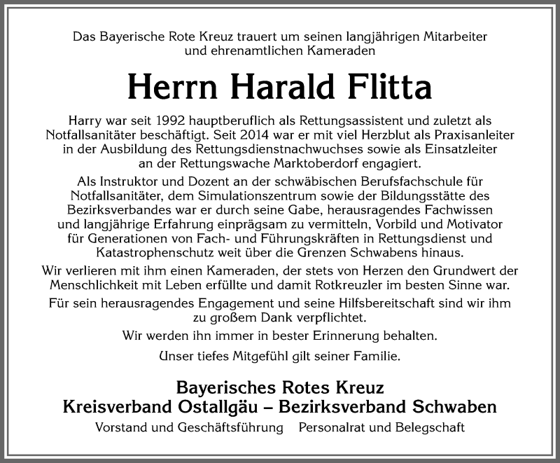  Traueranzeige für Harald Flitta vom 17.04.2021 aus Allgäuer Zeitung