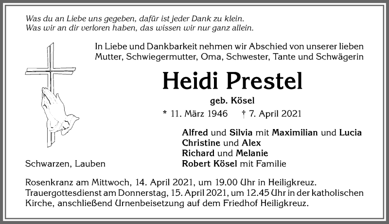  Traueranzeige für Heidi Prestel vom 10.04.2021 aus Allgäuer Zeitung,Kempten