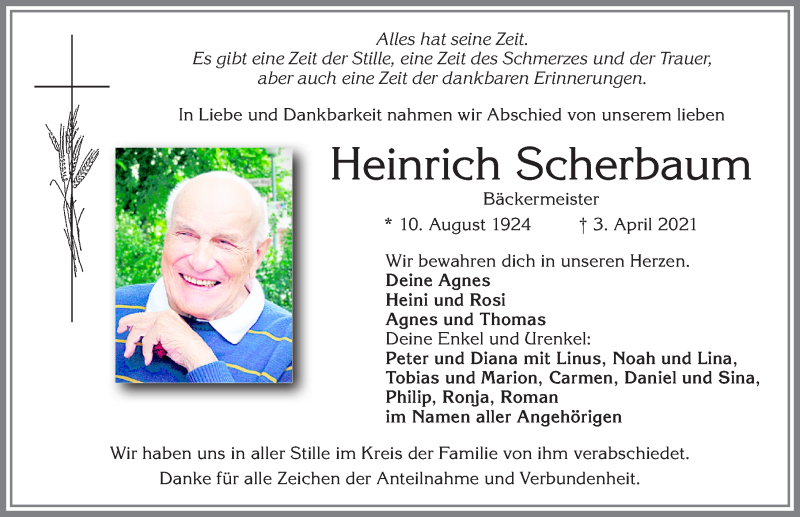  Traueranzeige für Heinrich Scherbaum vom 10.04.2021 aus Allgäuer Zeitung, Füssen