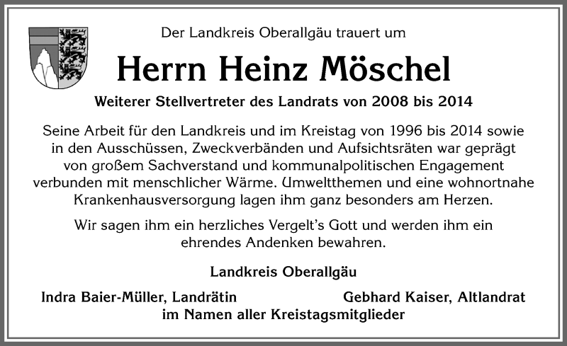  Traueranzeige für Heinz Möschel vom 26.04.2021 aus Allgäuer Zeitung