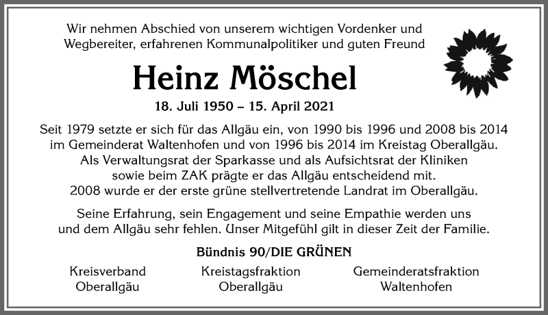 Traueranzeige für Heinz Möschel vom 26.04.2021 aus Allgäuer Zeitung