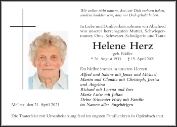 Traueranzeige von Helene Herz von Der Westallgäuer
