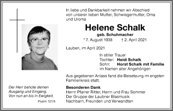 Traueranzeige von Helene Schalk von Memminger Zeitung