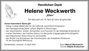 Traueranzeige von Helene Weckwerth von Memminger Zeitung