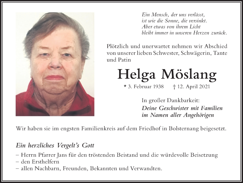  Traueranzeige für Helga Möslang vom 21.04.2021 aus Allgäuer Zeitung,Kempten
