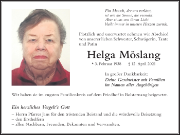 Traueranzeige von Helga Möslang von Allgäuer Zeitung,Kempten