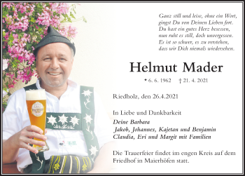 Traueranzeige von Helmut Mader von Der Westallgäuer