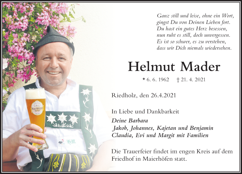  Traueranzeige für Helmut Mader vom 26.04.2021 aus Der Westallgäuer