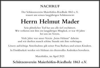 Traueranzeige von Helmut Mader von Der Westallgäuer