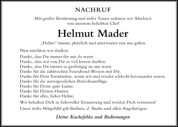Traueranzeige von Helmut Mader von Der Westallgäuer