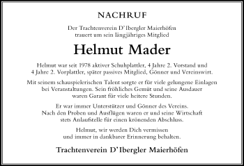 Traueranzeige von Helmut Mader von Der Westallgäuer