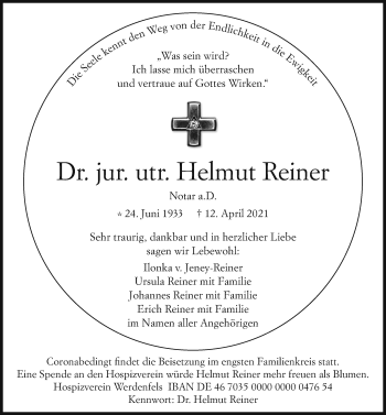 Traueranzeige von Helmut Reiner von Allgäuer Zeitung, Kaufbeuren/Buchloe
