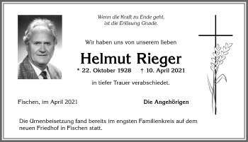 Traueranzeige von Helmut Rieger von Allgäuer Anzeigeblatt