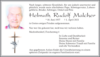 Traueranzeige von Helmuth Rudolf Malcher von Allgäuer Zeitung, Marktoberdorf