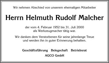 Traueranzeige von Helmuth Rudolf Malcher von Allgäuer Zeitung, Marktoberdorf