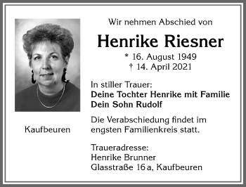 Traueranzeige von Henrike Riesner von Allgäuer Zeitung, Kaufbeuren/Buchloe