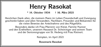 Traueranzeige von Henry Rasokat von Allgäuer Zeitung,Kempten