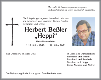 Traueranzeige von Herbert Beßler von Allgäuer Anzeigeblatt