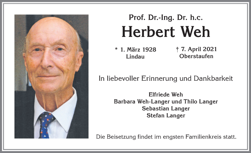  Traueranzeige für Herbert Weh vom 14.04.2021 aus Allgäuer Anzeigeblatt