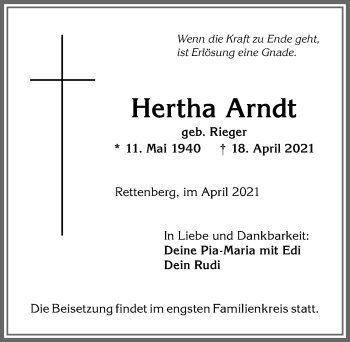 Traueranzeige von Hertha Arndt von Allgäuer Anzeigeblatt