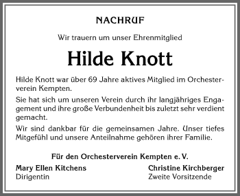Traueranzeige von Hilde Knott von Allgäuer Zeitung,Kempten