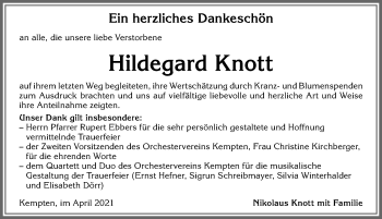 Traueranzeige von Hildegard Knott von Allgäuer Zeitung,Kempten