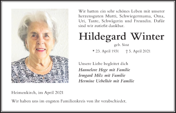 Traueranzeige von Hildegard Winter von Der Westallgäuer