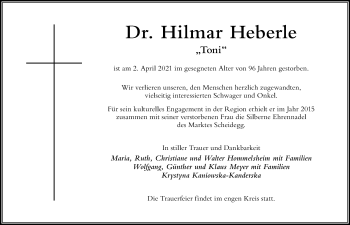 Traueranzeige von Hilmar Heberle von Der Westallgäuer