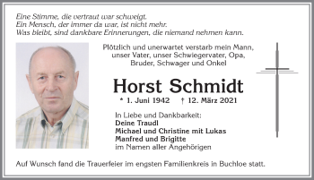 Traueranzeige von Horst Schmidt von Allgäuer Zeitung, Kaufbeuren/Buchloe