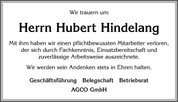 Traueranzeige von Hubert Hindelang von Allgäuer Zeitung, Marktoberdorf