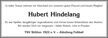 Traueranzeige von Hubert Hindelang von Allgäuer Zeitung, Marktoberdorf