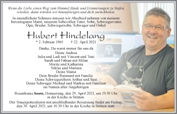 Traueranzeige von Hubert Hindelang von Allgäuer Zeitung, Marktoberdorf