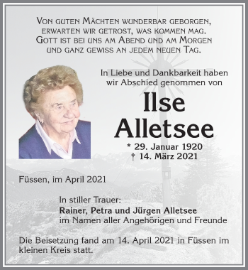 Traueranzeige von Ilse Alletsee von Allgäuer Zeitung, Füssen
