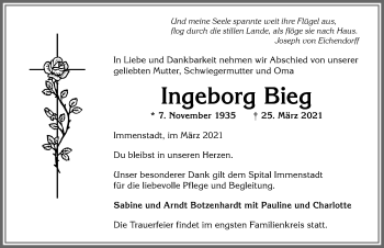 Traueranzeige von Ingeborg Bieg von Allgäuer Anzeigeblatt