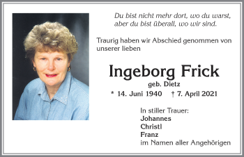 Traueranzeige von Ingeborg Frick von Allgäuer Zeitung,Kempten