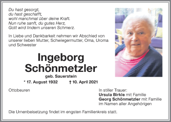 Traueranzeige von Ingeborg Schönmetzler von Memminger Zeitung