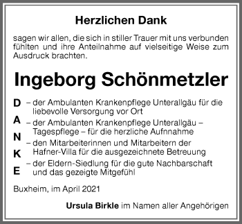 Traueranzeige von Ingeborg Schönmetzler von Memminger Zeitung