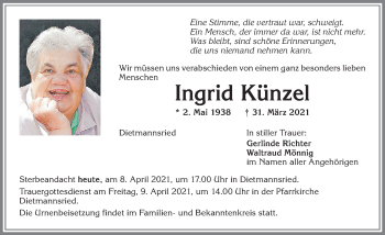 Traueranzeige von Ingrid Künzel von Allgäuer Zeitung,Kempten