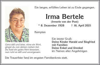 Traueranzeige von Irma Bertele von Allgäuer Zeitung,Kempten