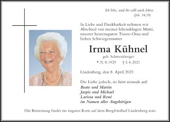 Traueranzeige von Irma Kühnel von Der Westallgäuer