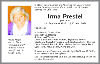 Traueranzeige von Irma Prestel von Allgäuer Zeitung,Kempten