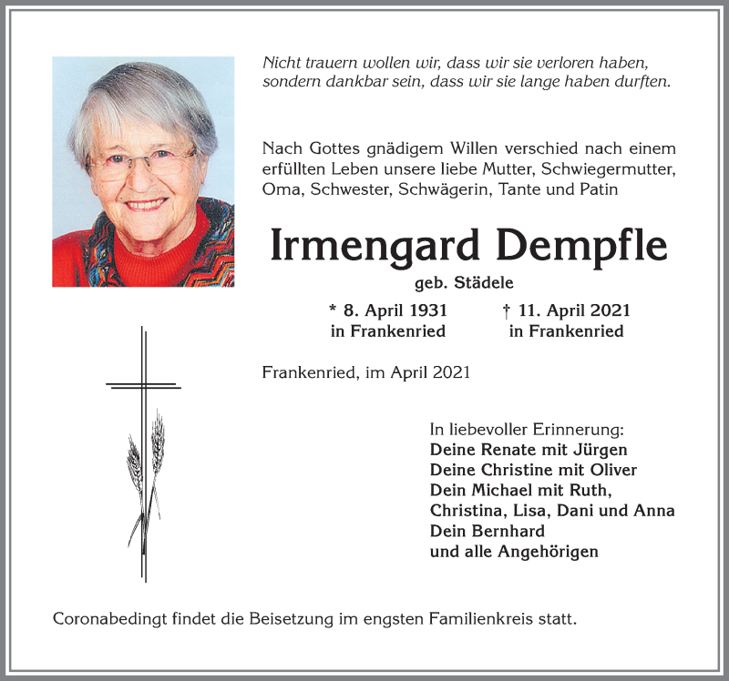  Traueranzeige für Irmengard Dempfle vom 14.04.2021 aus Allgäuer Zeitung