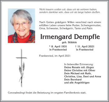 Traueranzeige von Irmengard Dempfle von Allgäuer Zeitung