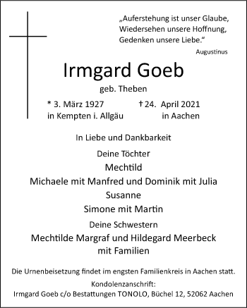 Traueranzeige von Irmgard Goeb von Allgäuer Zeitung,Kempten
