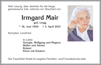 Traueranzeige von Irmgard Mair von Allgäuer Zeitung,Kempten