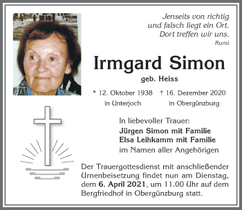 Traueranzeige von Irmgard Simon von Allgäuer Zeitung, Marktoberdorf